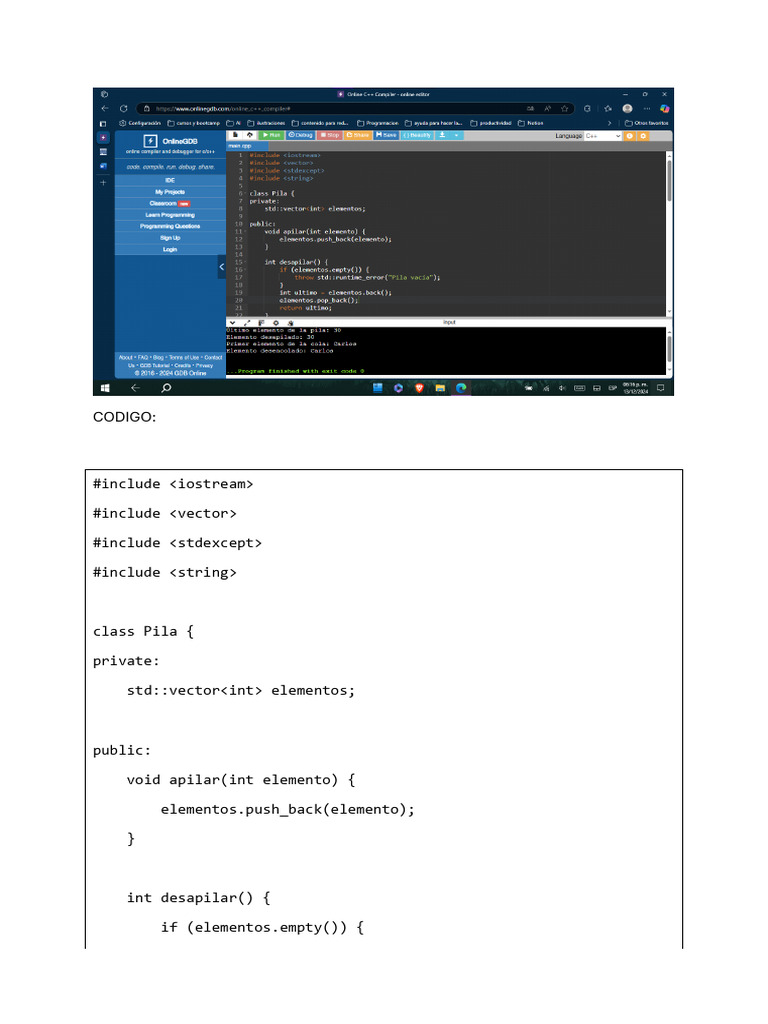 Implementación de Pila y Cola en C++ | PDF