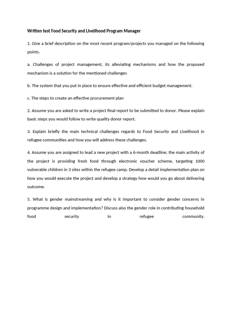 Food Security & Livelihood Test Guide | PDF | Food Security | Procurement