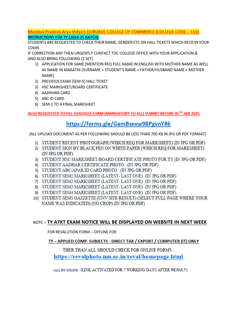 TY 2024-25 Batch Instructions for Students | PDF