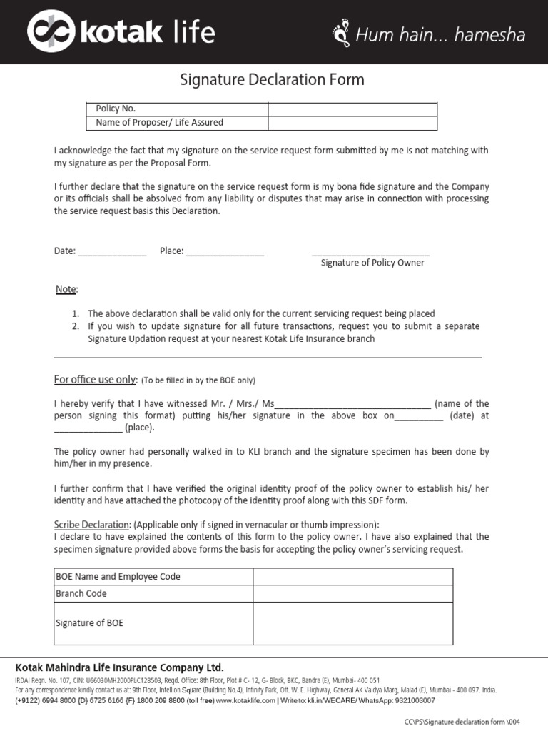 Signature Declaration Form for Kotak Life | PDF