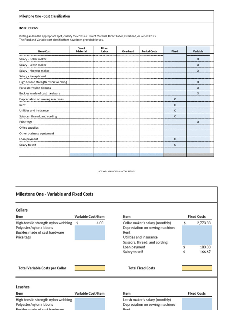 Acc202 Milestone One Cost Classification Pdf Cost Of Goods Sold