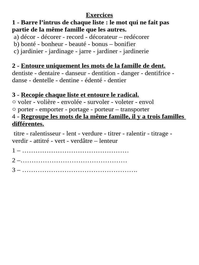 Exercices sur les familles de mots | PDF
