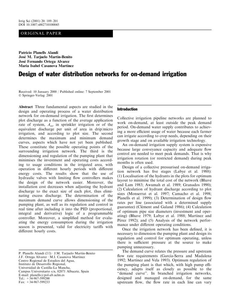 Design of water distribution networks for on-demand irrigation__ | PDF ...