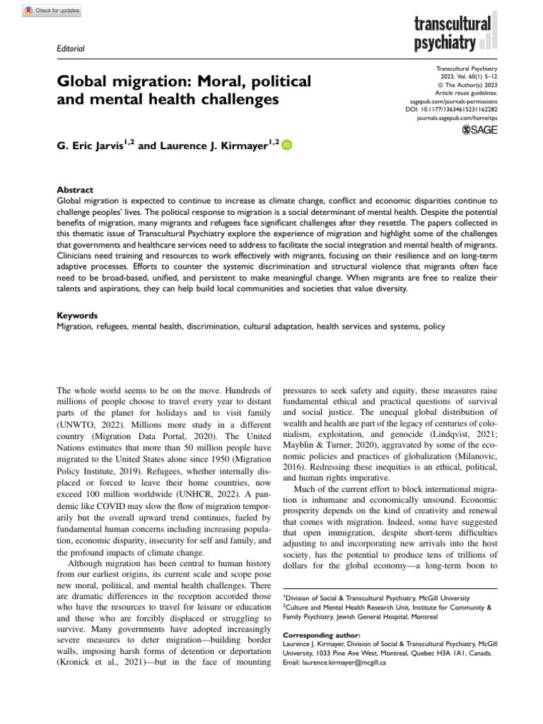 Jarvis Kirmayer 2023 Global Migration Moral Political and Mental Health ...