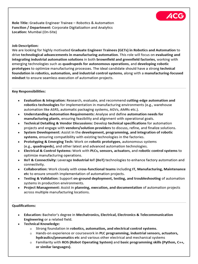 Graduate Engineer Trainee in Robotics | PDF | Automation | Robotics