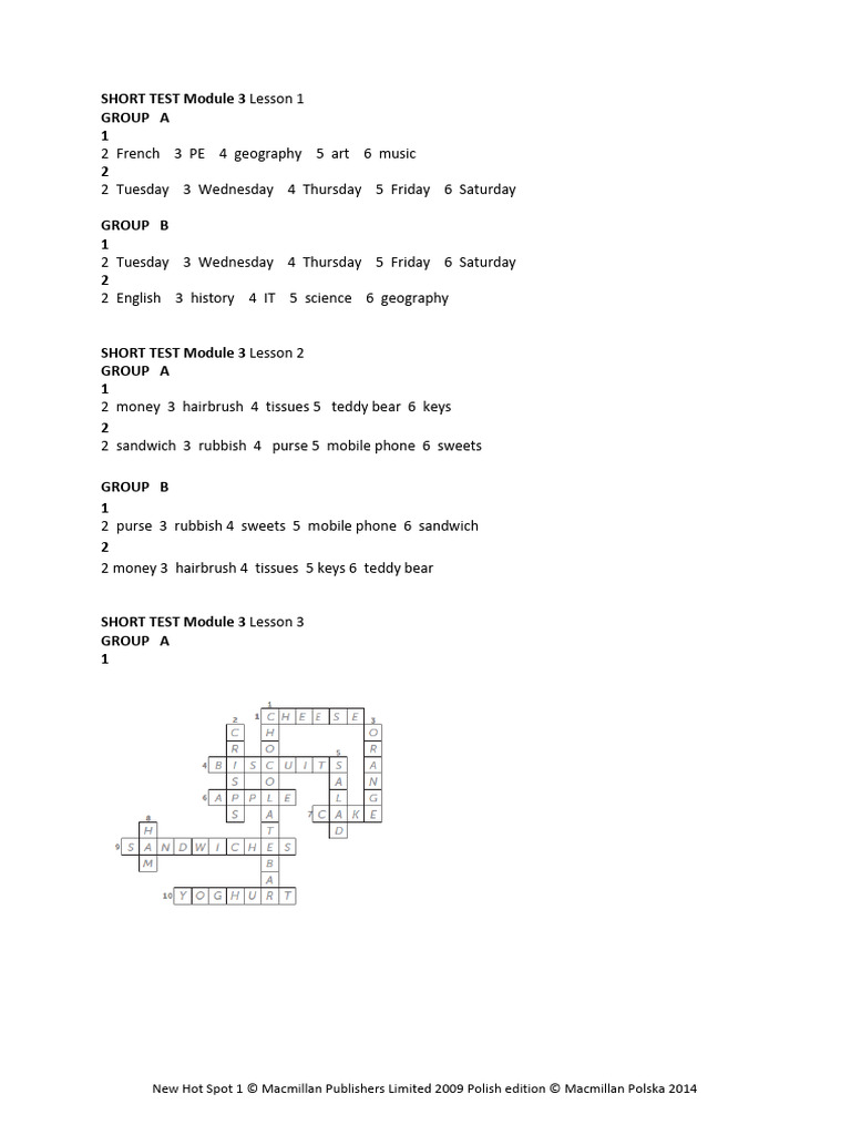 New Hot Spot 1 Short Tests Module 3 Answer Key | PDF