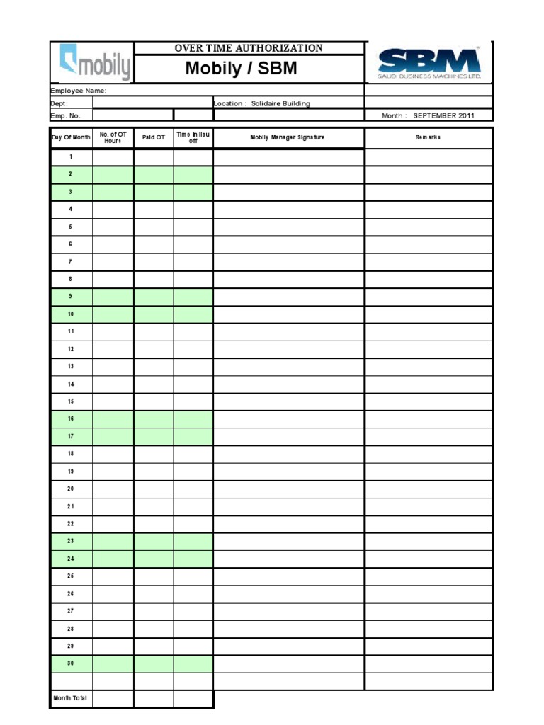 September 2011 OT Authorization Form | PDF