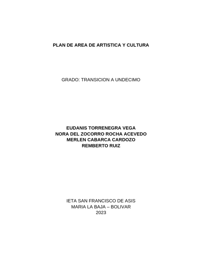 Plan de Area de Artistica y Cultura Nuevo | PDF | Dibujo | Educación en ...