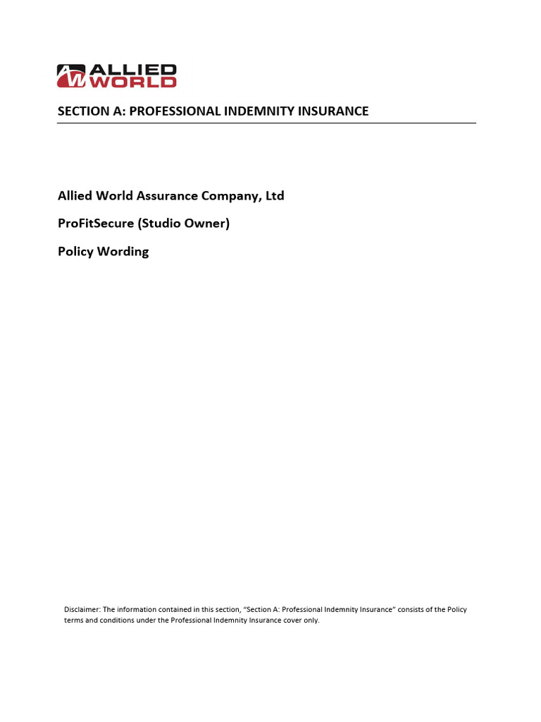 ProFitSecure Studio Owner Policy Wording | PDF | Indemnity | Insurance