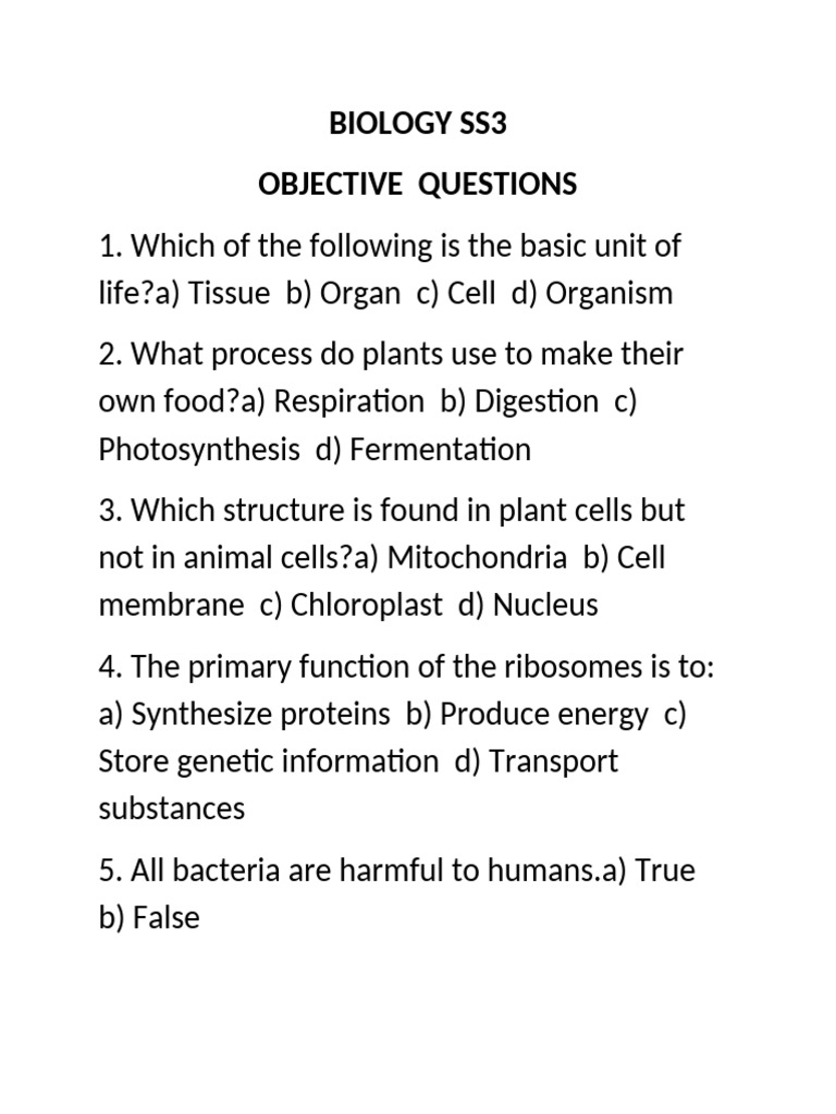Biology SS3 Objective & Theory Questions | PDF | Cell (Biology ...