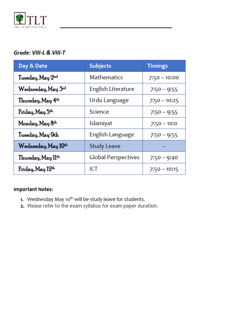 Grade VIII Final Exam Timetable | PDF