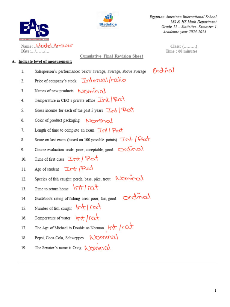 Grade 12 Statistics Revision Sheet | PDF | Descriptive Statistics ...