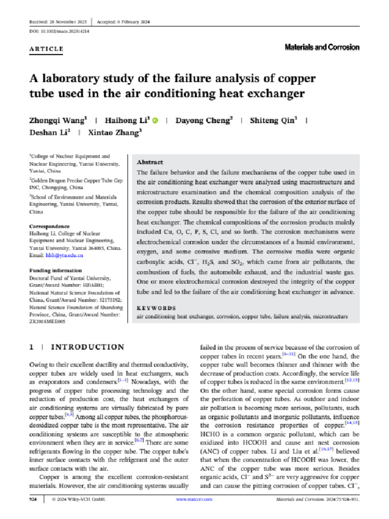 A Laboratory Study of The Failure Analysis of Copper Tube Used in The ...