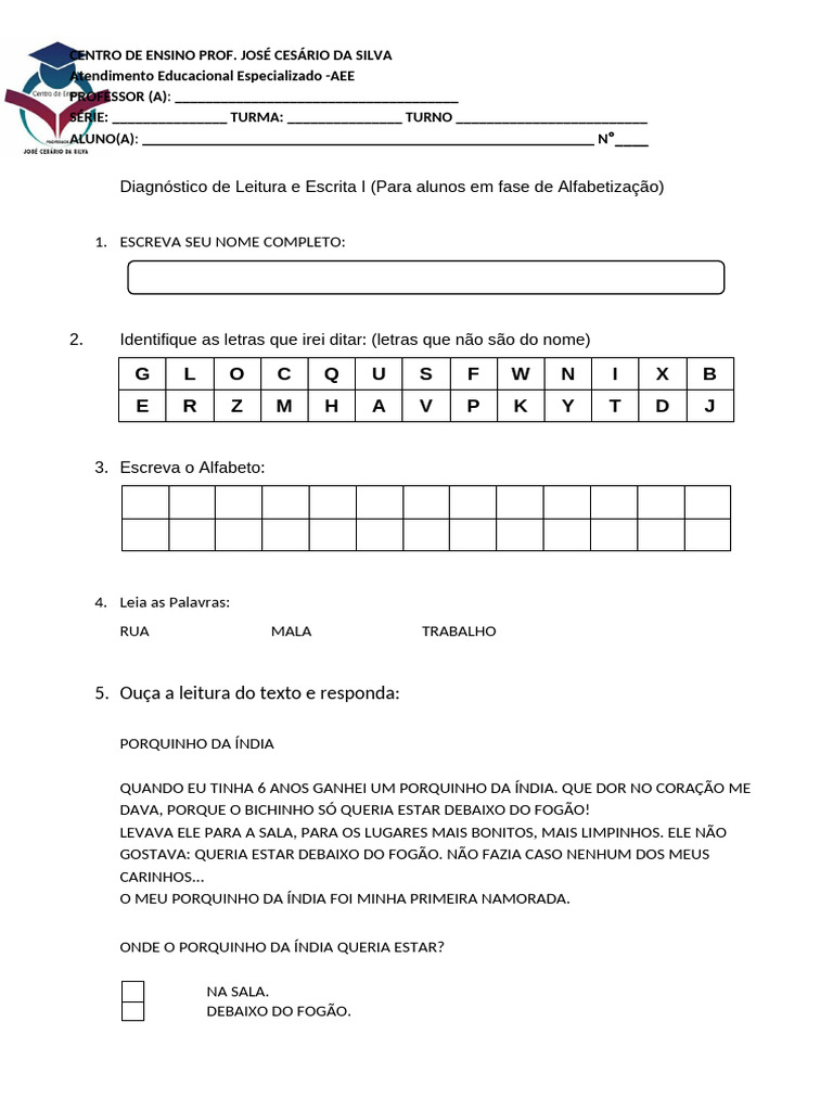 Diagnóstico de Leitura e Escrita AEE | PDF