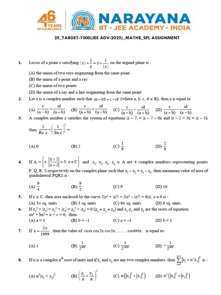 Complex Number Assignment for JEE 2025 | PDF | Circle | Vertex (Geometry)