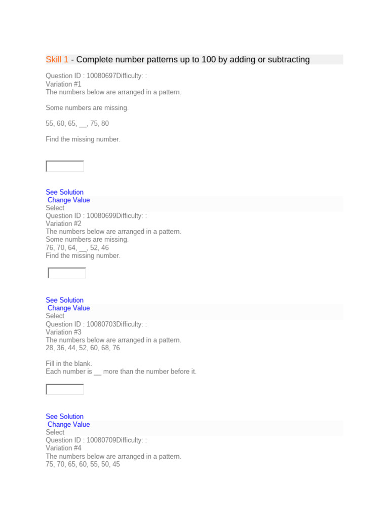 Number Patterns and Missing Values | PDF | Subtraction | Arithmetic