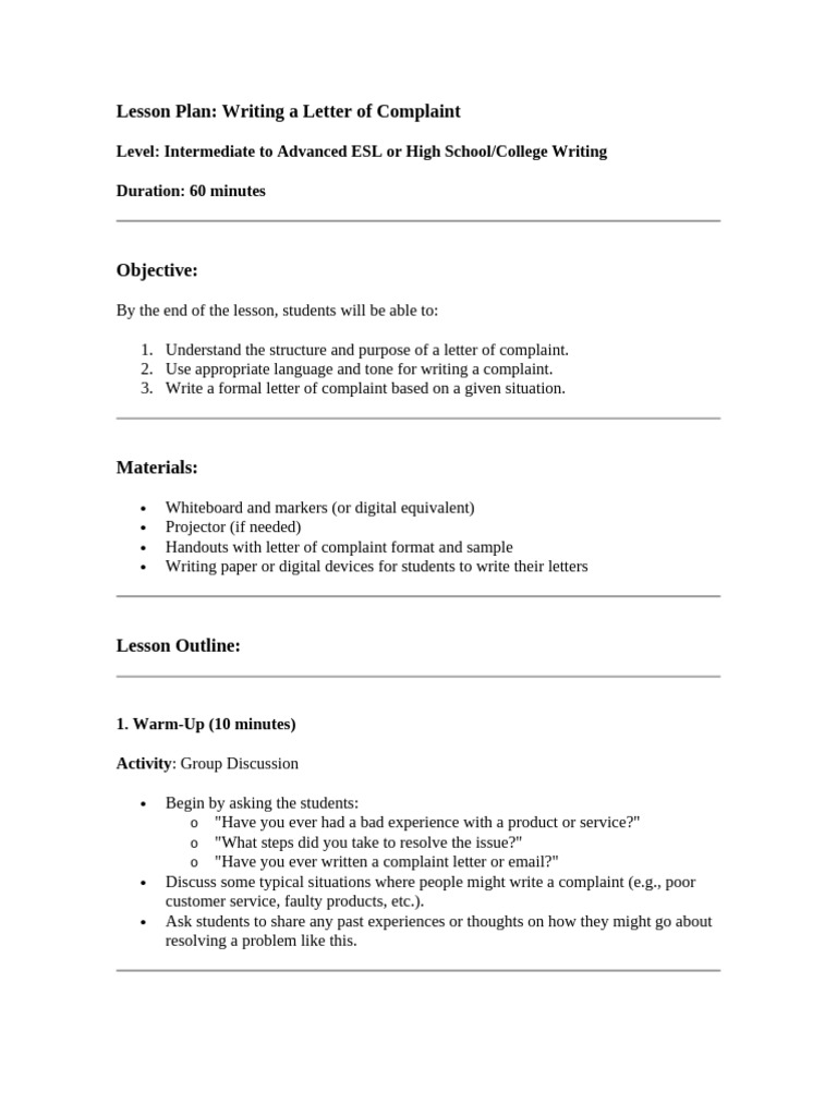ESL Lesson Plan: Complaint Letter Writing | PDF | Human Communication ...