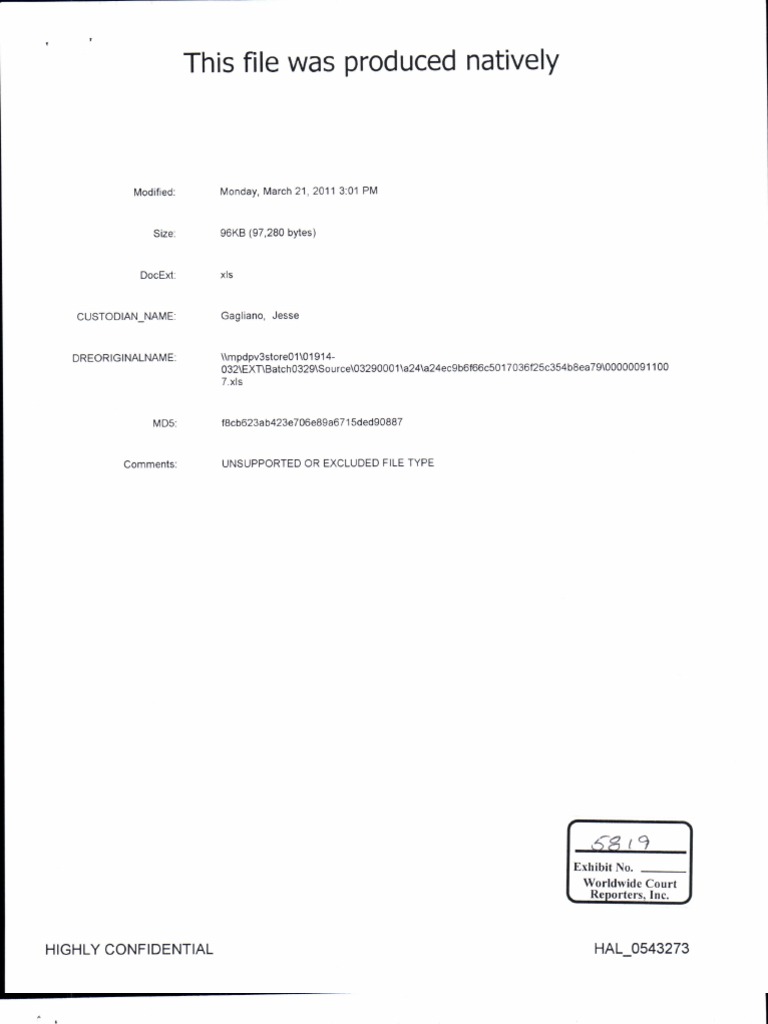 This File Was Produced Natively Highly Confidential Hal 0543273 PDF