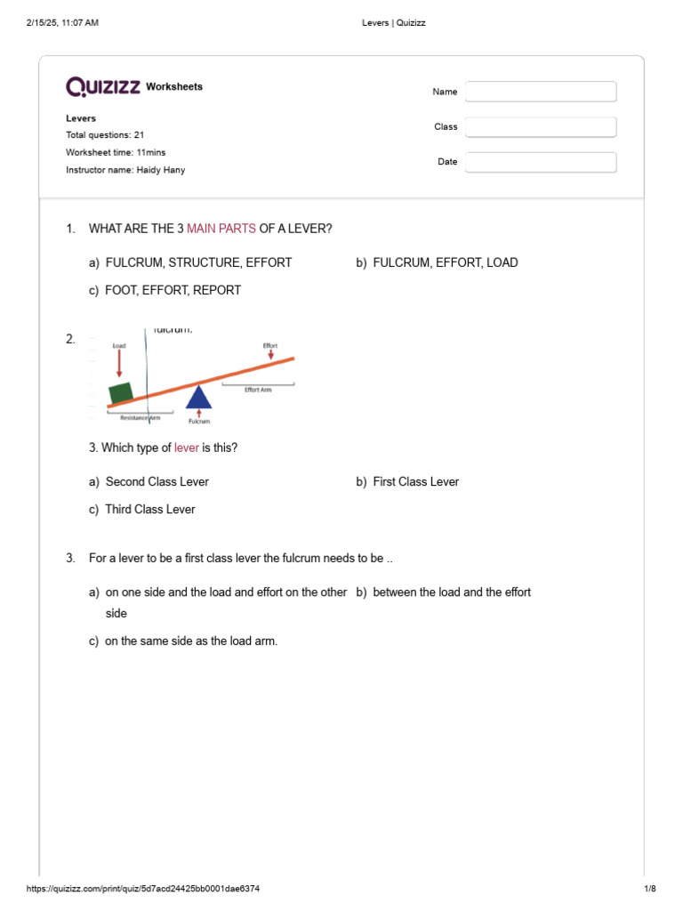 Lever Types and Examples Worksheet | PDF | Lever | Kinematics