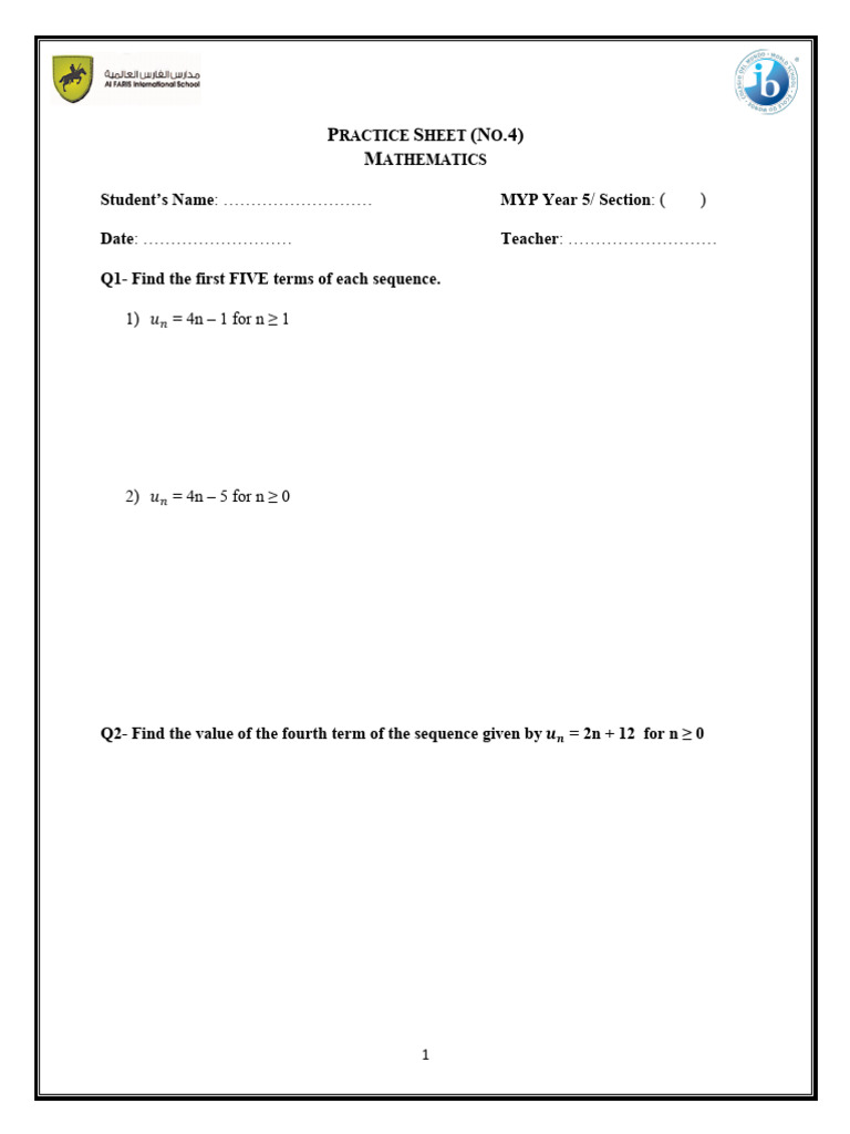 Y5 Mathematics Practice Sheet 4 | PDF