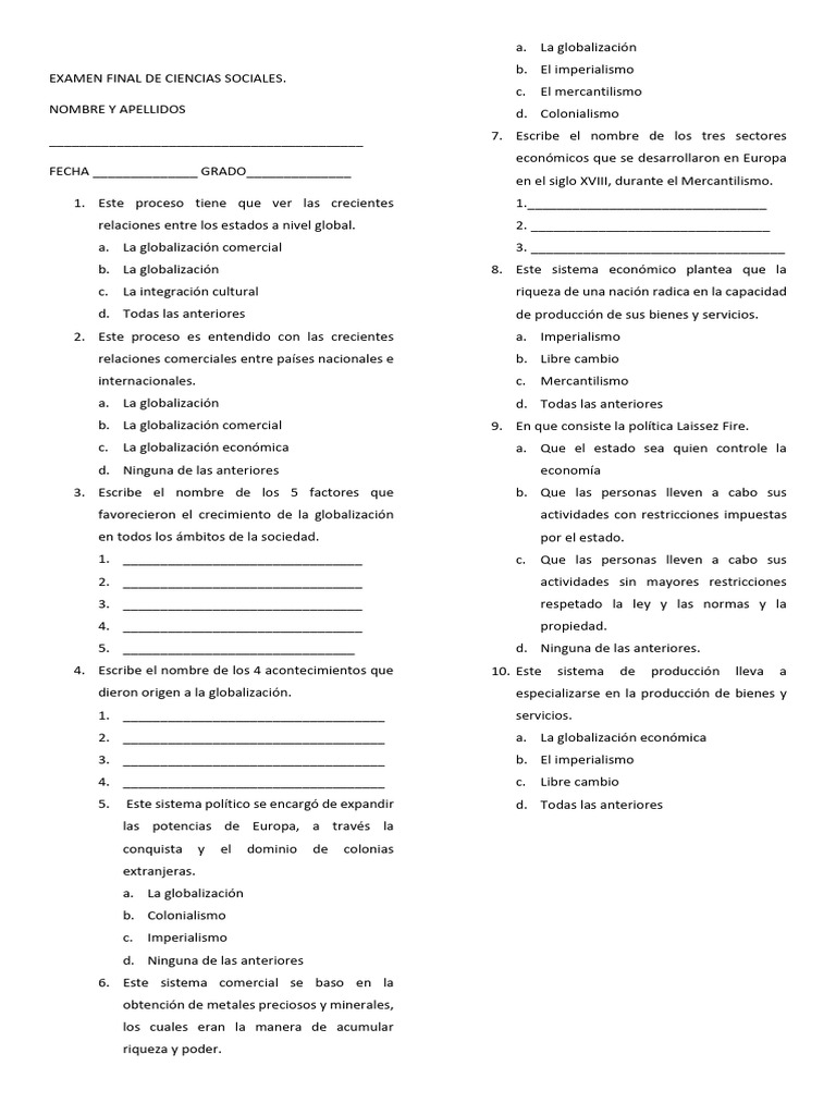 Examen Final de Ciencias Sociales | PDF | Imperialismo | Mercantilismo
