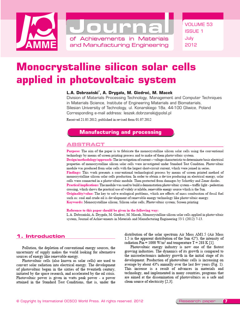 Monocrystalline Silicon Solar Cells | PDF | Photovoltaics | Solar Cell