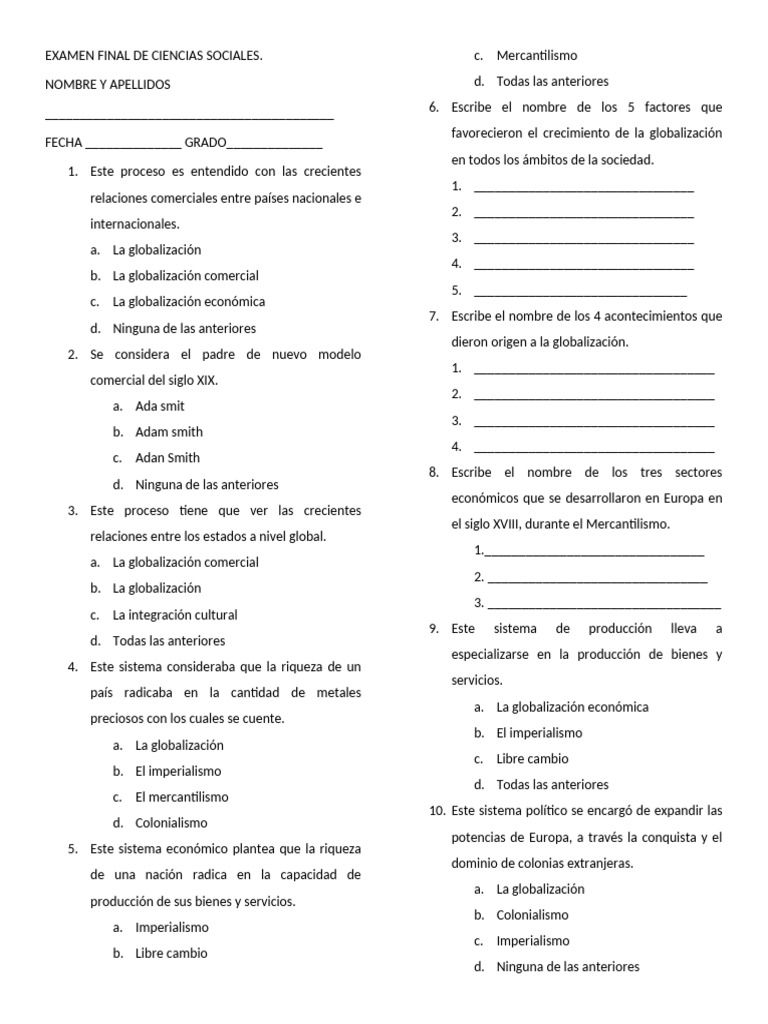 Examen Final de Ciencias Sociales | PDF | Mercantilismo | Globalización