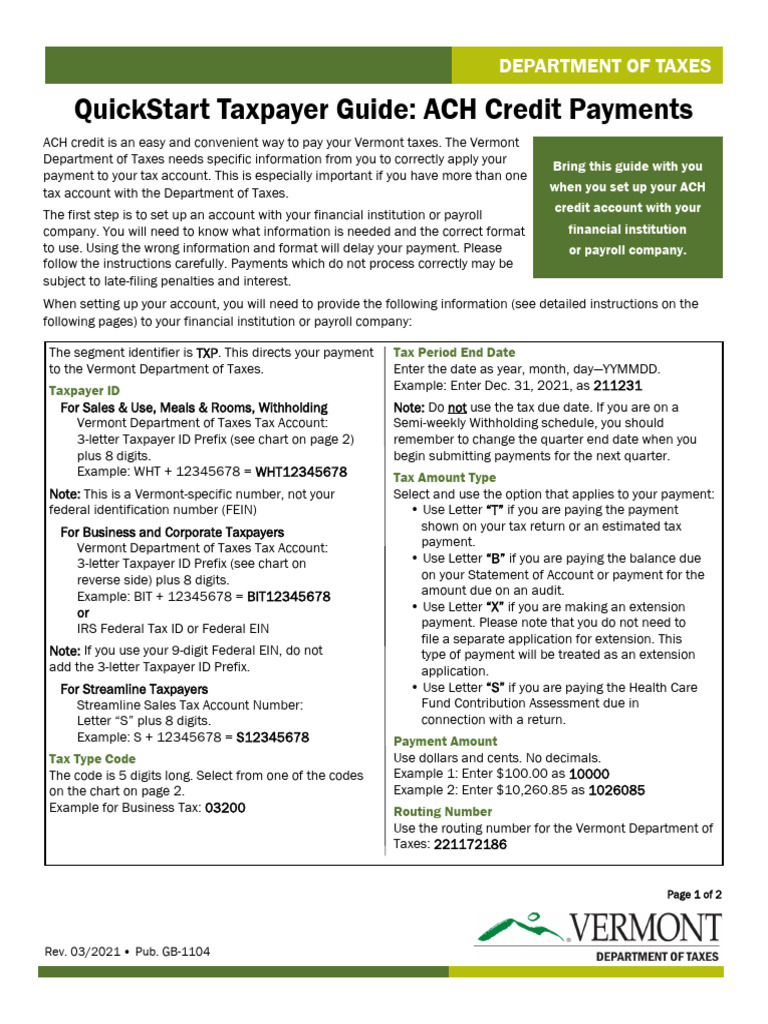 Vermont ACH Credit Payment Guide | PDF | Government Finances | Payments