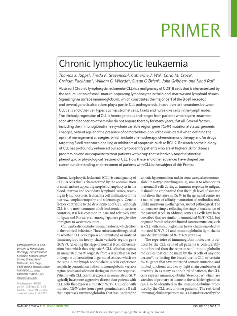 Chronic Lymphocytic Leukaemia - 2017 - nrdp201696 | PDF | B Cell | Antibody