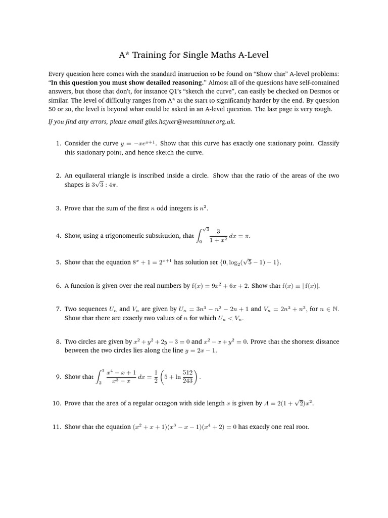 A* Maths A-Level Problem Set | PDF | Tangent | Trigonometric Functions