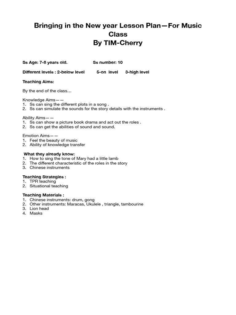 Bringing in The New Year Lesson Plan-For Music Class | PDF