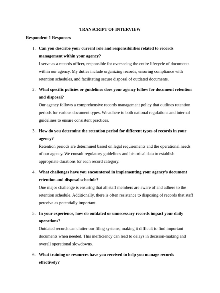 TRANSCRIPT OF INTERVIEW | PDF | Records Management | Regulatory Compliance
