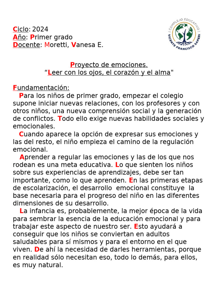 Proyecto de Educación Emocional 2024 | PDF | Las emociones | Aprendizaje