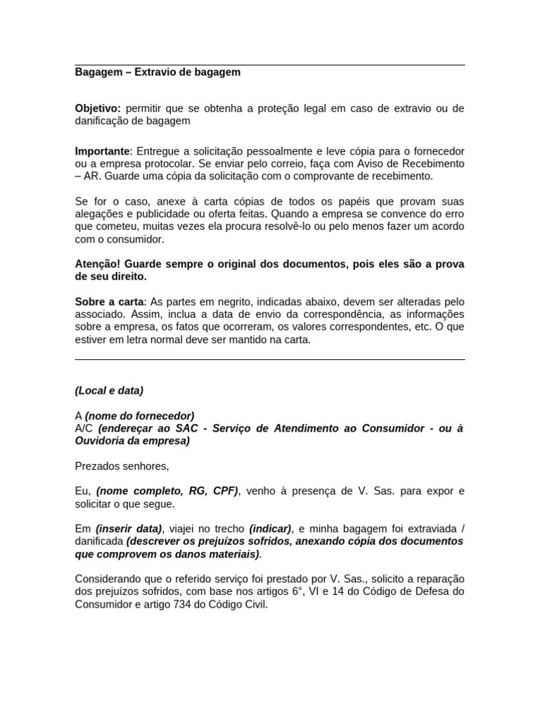 Como Solicitar Indenização por Extravio de Bagagem | PDF