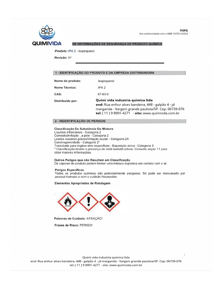 FISPQ Álcool Isopropílico Quimi Vida | PDF
