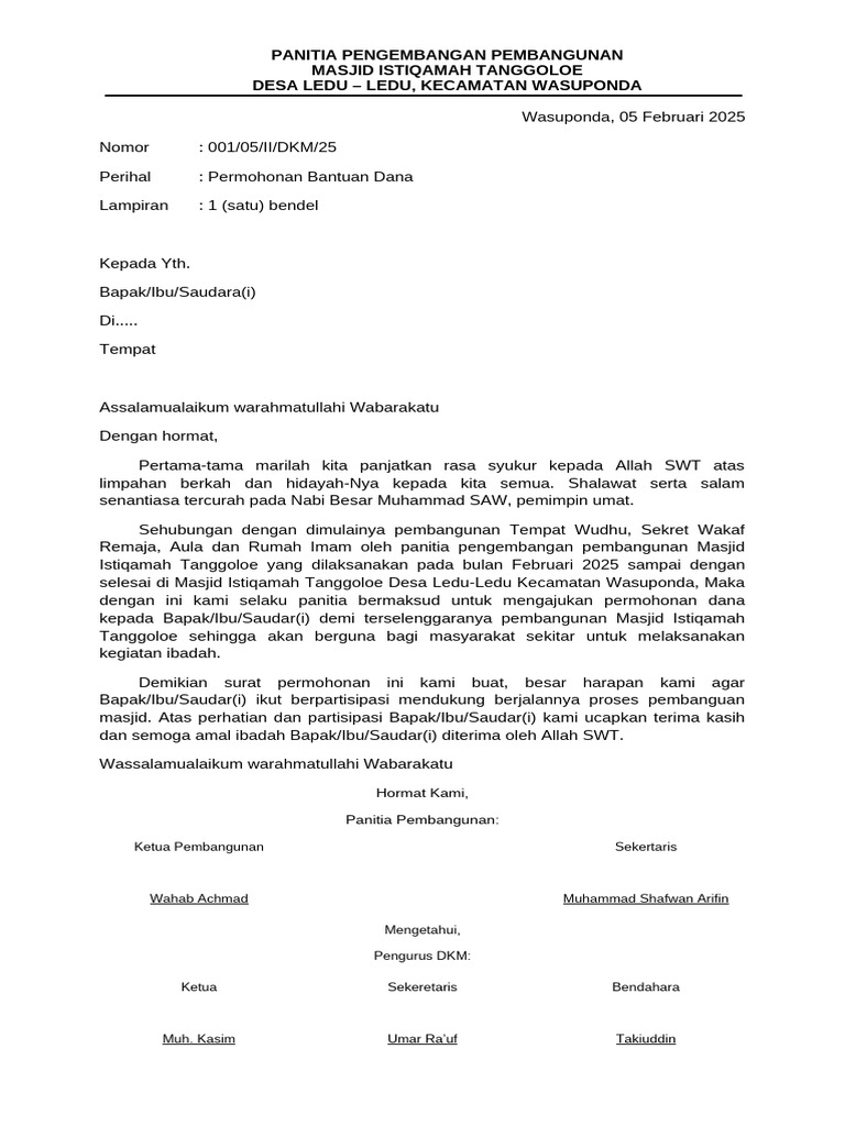 Permohonan Dana Pembangunan Masjid | PDF