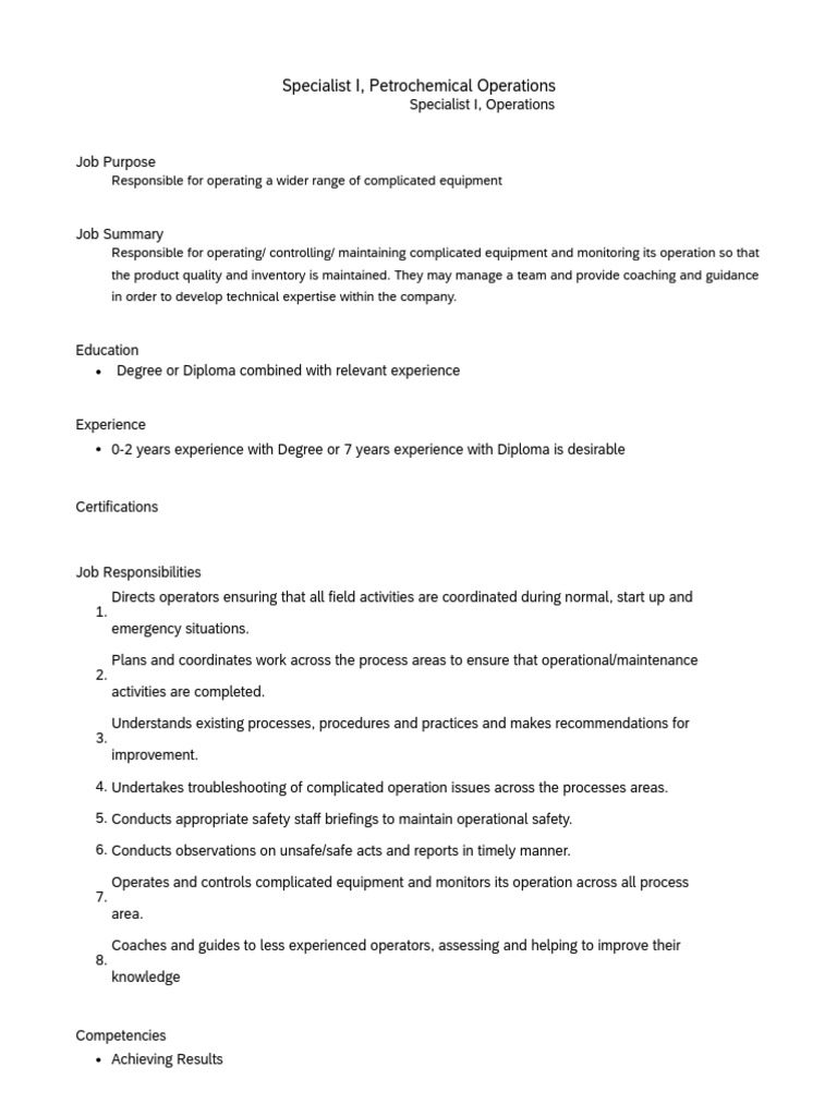 Job Profile Specialist I Operations - PP | PDF | Expert | Safety