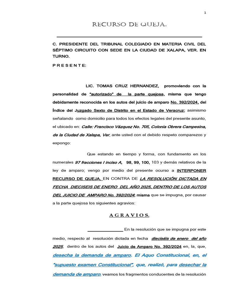 Recurso de Queja en Juicio de Amparo | PDF | Caso de ley | Derechos humanos