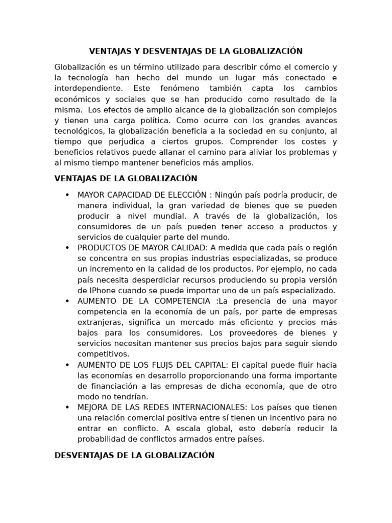 Ventajas y Desventajas de la Globalización | PDF | Globalización | La ...