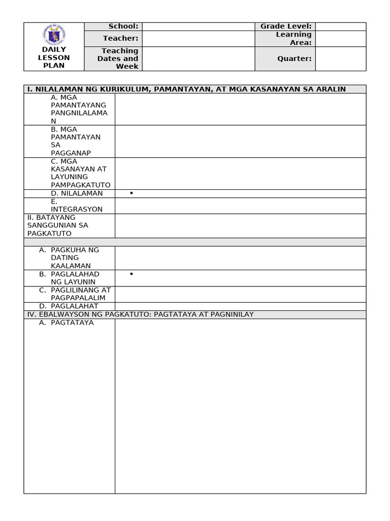 Tagalog Matatag Daily Lesson Plan Format Pdf