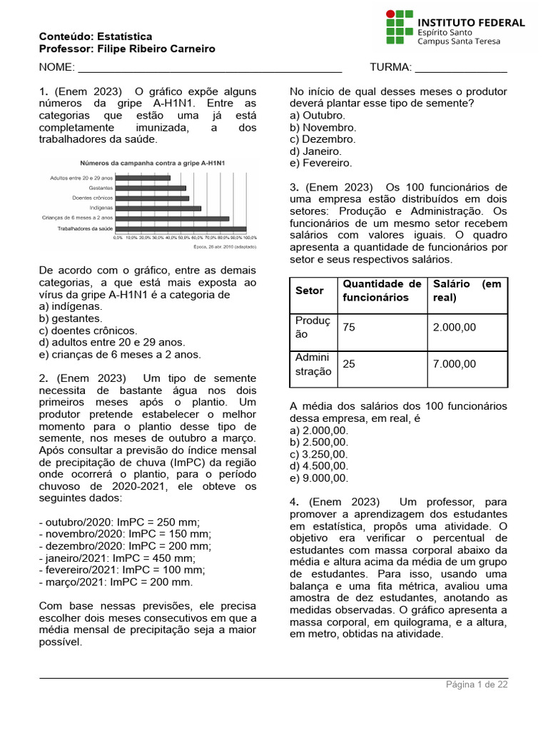 Questões de Estatística para ENEM | PDF | Média
