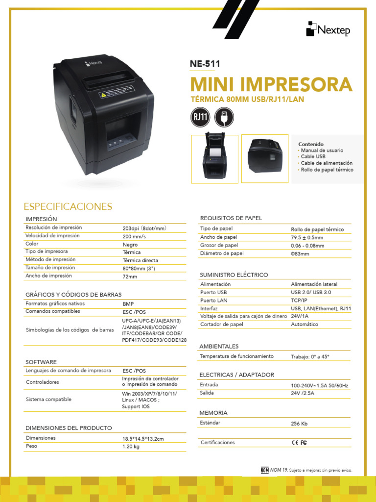 Impresora Térmica NE-511: Especificaciones y Uso | PDF | USB ...