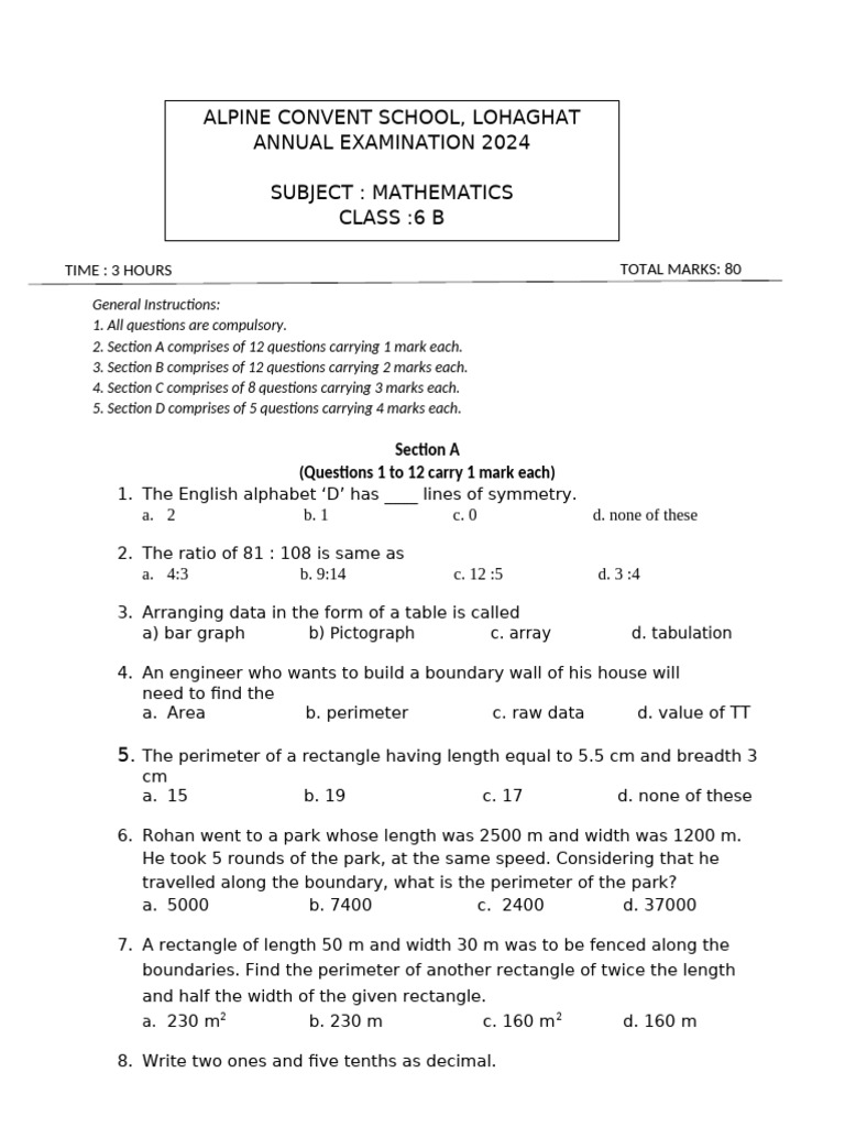 Class 6 Mathematics Exam Questions | PDF | Length | Rectangle