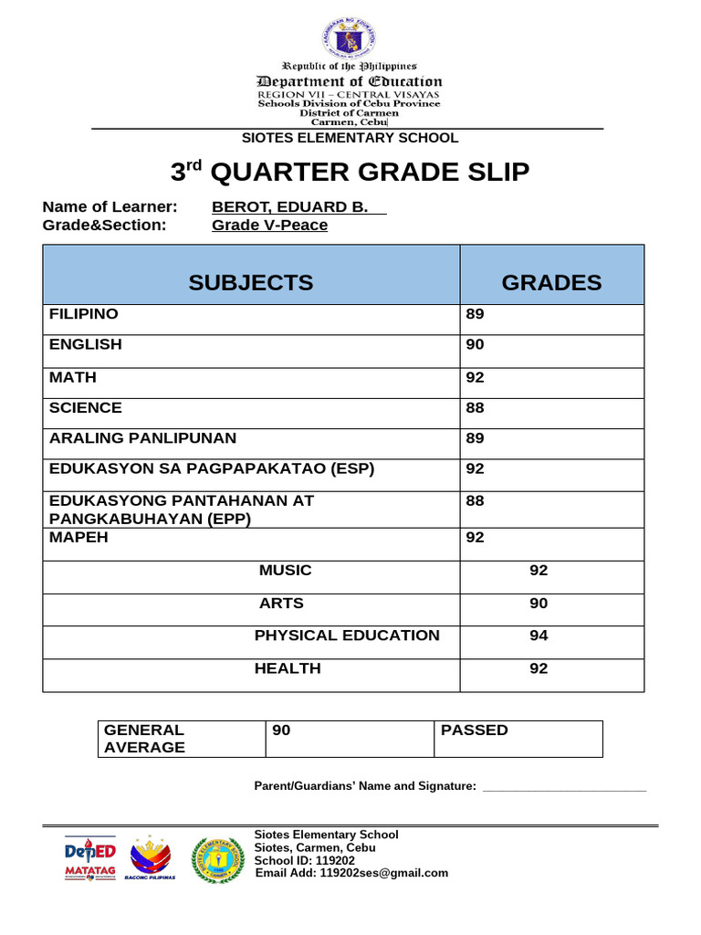 Siotes Elementary 3rd Quarter Grades | PDF | Life Skills | Physical ...