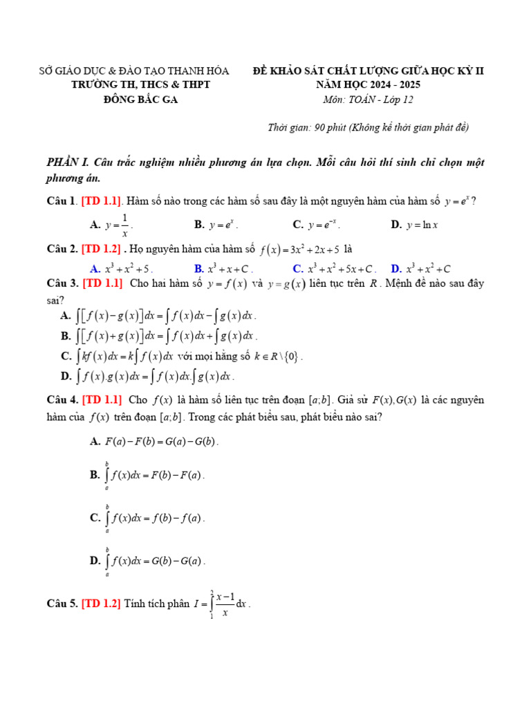 Bo de Tham Khao Giua Hoc Ki 2 Toan 12 Nam 2024 2025 So GDDT Thanh Hoa | PDF