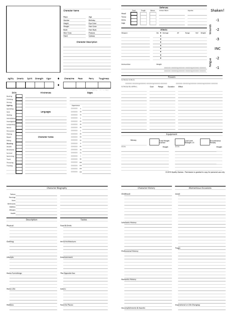 Savage Worlds - Character Sheet (Apathy) | PDF | Family | Kinship And ...