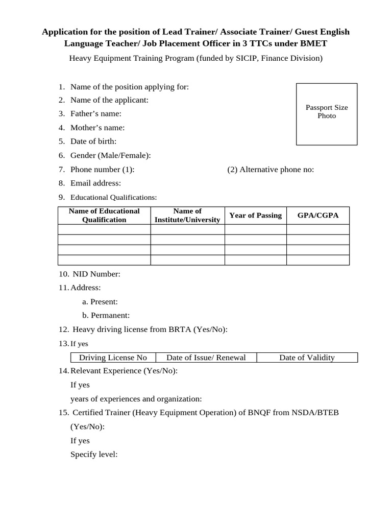 Application For The Position of Lead Trainer/ Associate Trainer/ Guest ...
