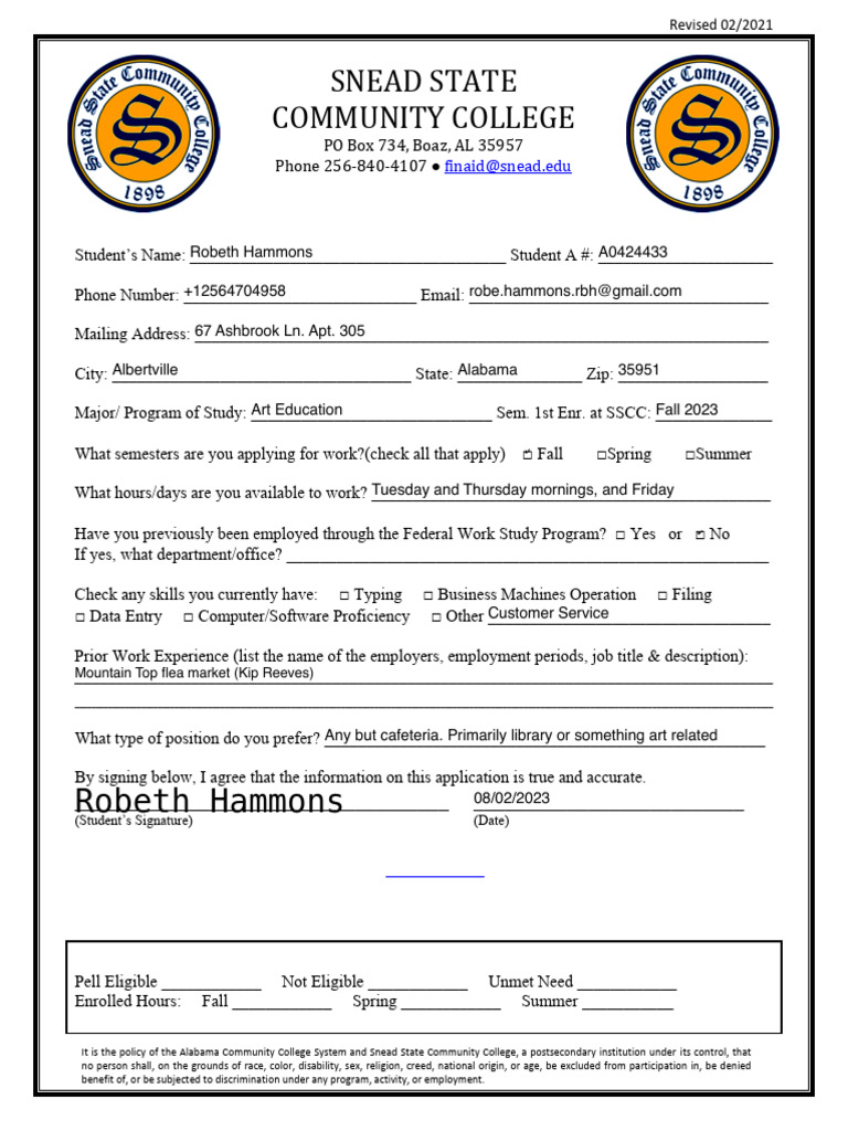 Alabama Federal Work Study Application | PDF