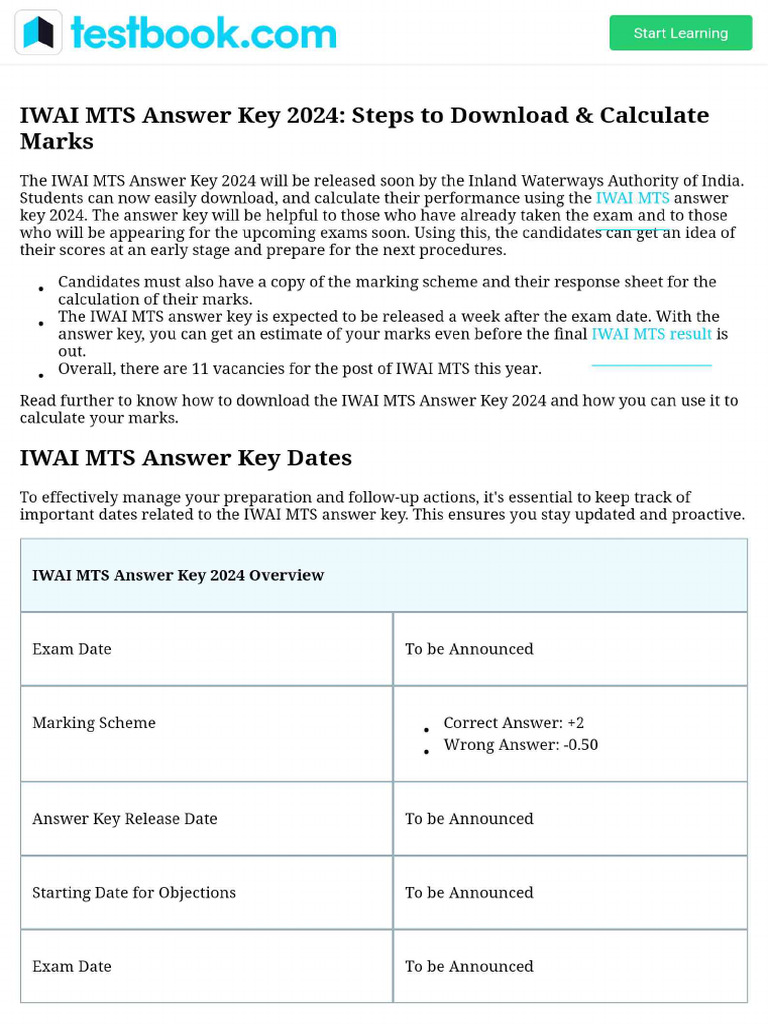IWAI MTS Answer Key 2024 - Steps To Download & Calculate Marks | PDF