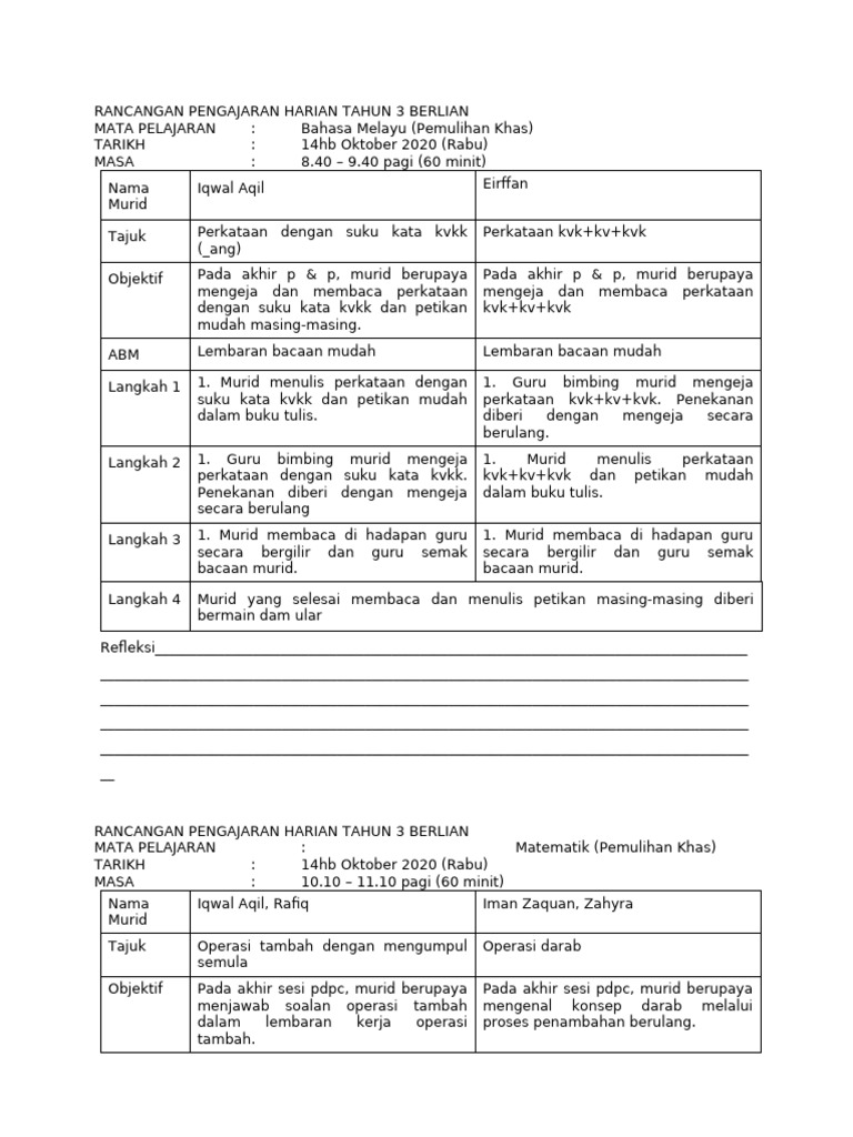 RANCANGAN PENGAJARAN HARIAN TAHUN 3 BERLIAN Submit | PDF